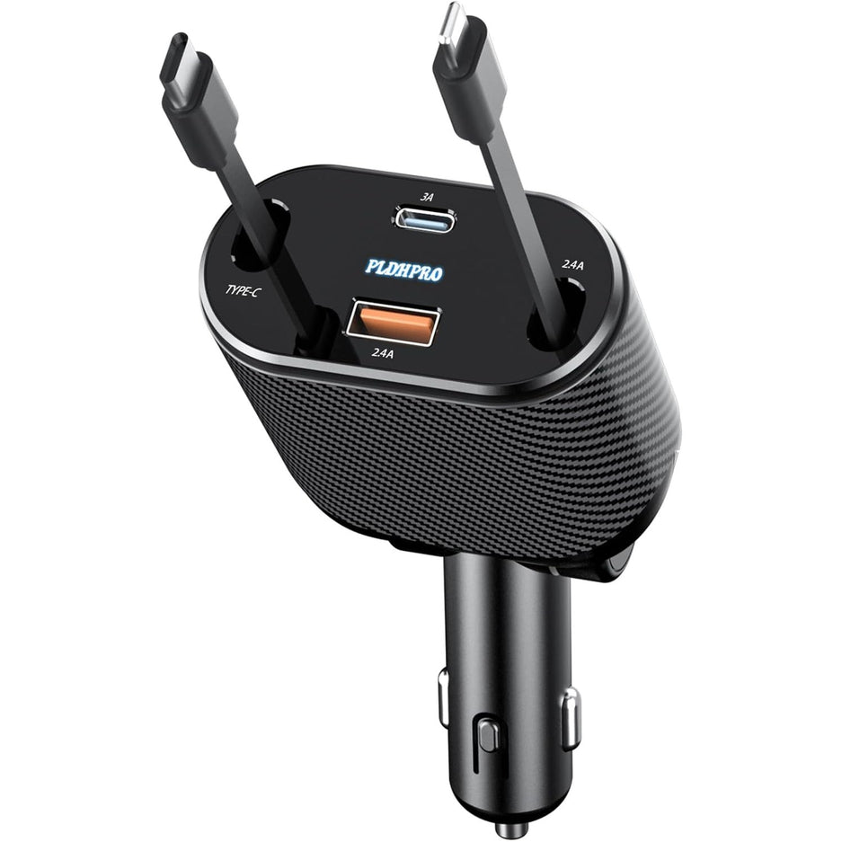 PLDHPRO Retractable Car Charger 4 in 1 62W Fast Charging Adapter Type C with USB C iOS Cable for iPhone, iPad, Galaxy Pixel Android, Essential Road Trip Accessories