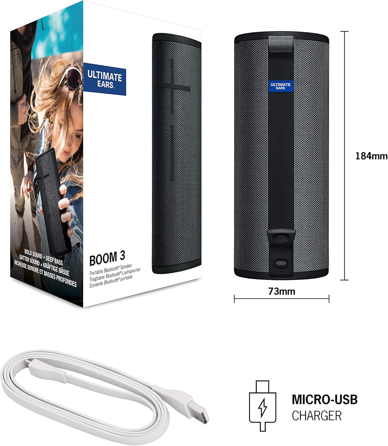 Ultimate Ears, Boom 3 Wireless Bluetooth Speaker, Bold Sound + Deep Bass, Bluetooth