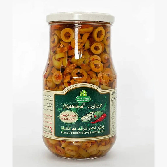 Halwani Mukhtarat Sliced Green Olives with Chili in Olive Oil 325 g